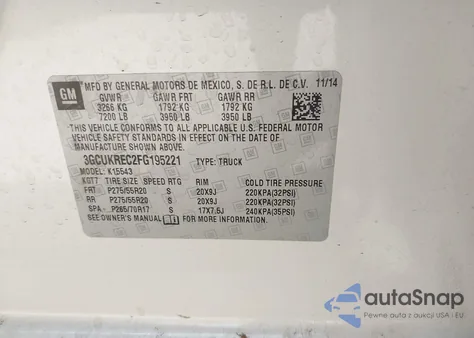 2015 Chevrolet Silverado 1Lt из США, поврежденный, VIN 3GCUKREC2FG195221